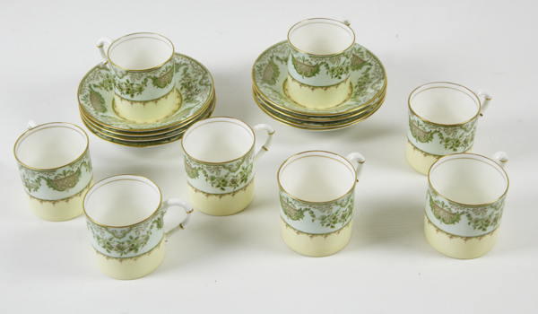 Royal Worcester coffee set, comprising coffee cans & saucers with ornate green pattern & gilt