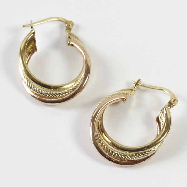 Pair of twisted hoop earrings, approx. 20mm, comprising rose gold & yellow gold with plain