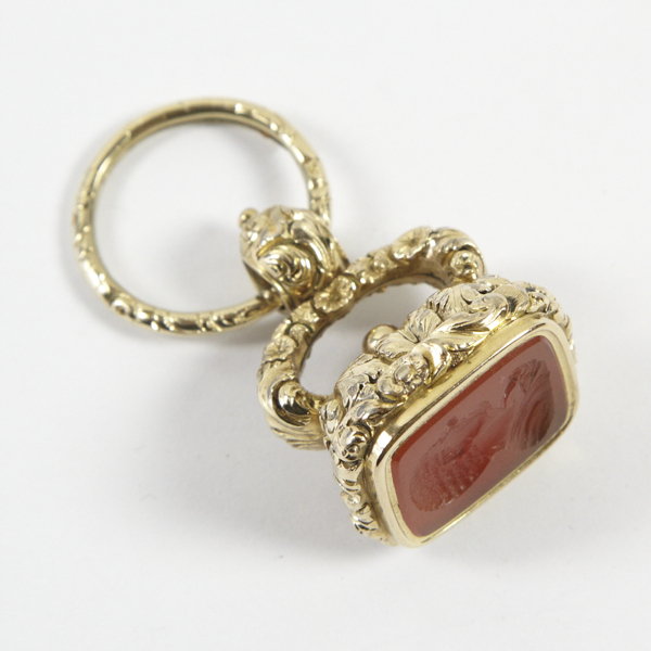 Antique ornate fob seal, approx. 24mm x 20mm, very ornate gold plated work, set with carnelian
