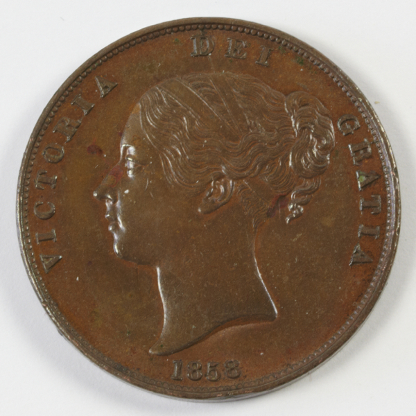 Victoria, young head, penny, 1858, no `ww` on truncation, minor discolouration & slight wear to