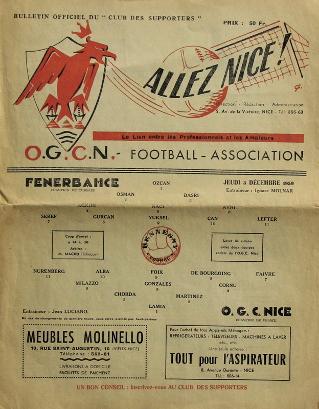 Football Programm Europcup Nice v Istanbol 1959 - Official programme of the UEFA champions` Cup