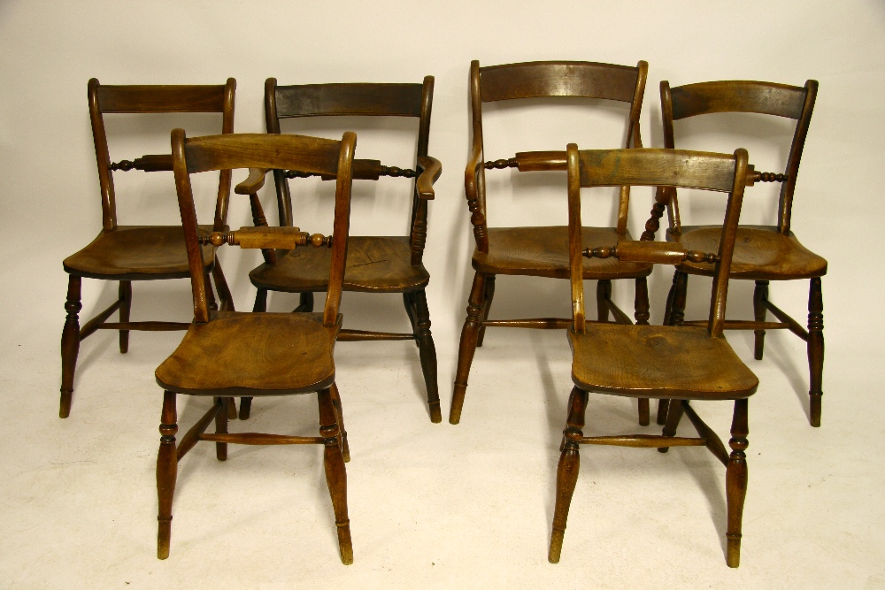 A matched set of six 19th century Thames Valley beech & elm Windsor chairs with bow backs, turned