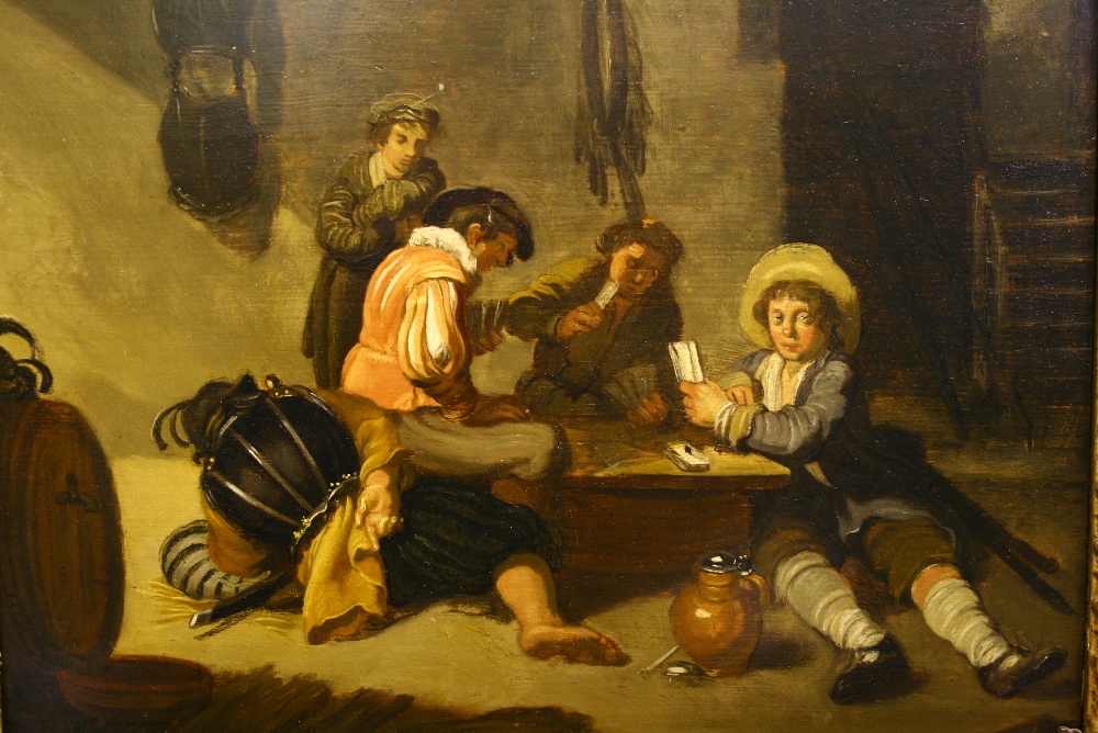 DUTCH SCHOOL, 18th/19th century. A 17th century tavern interior with male  figures playing cards.