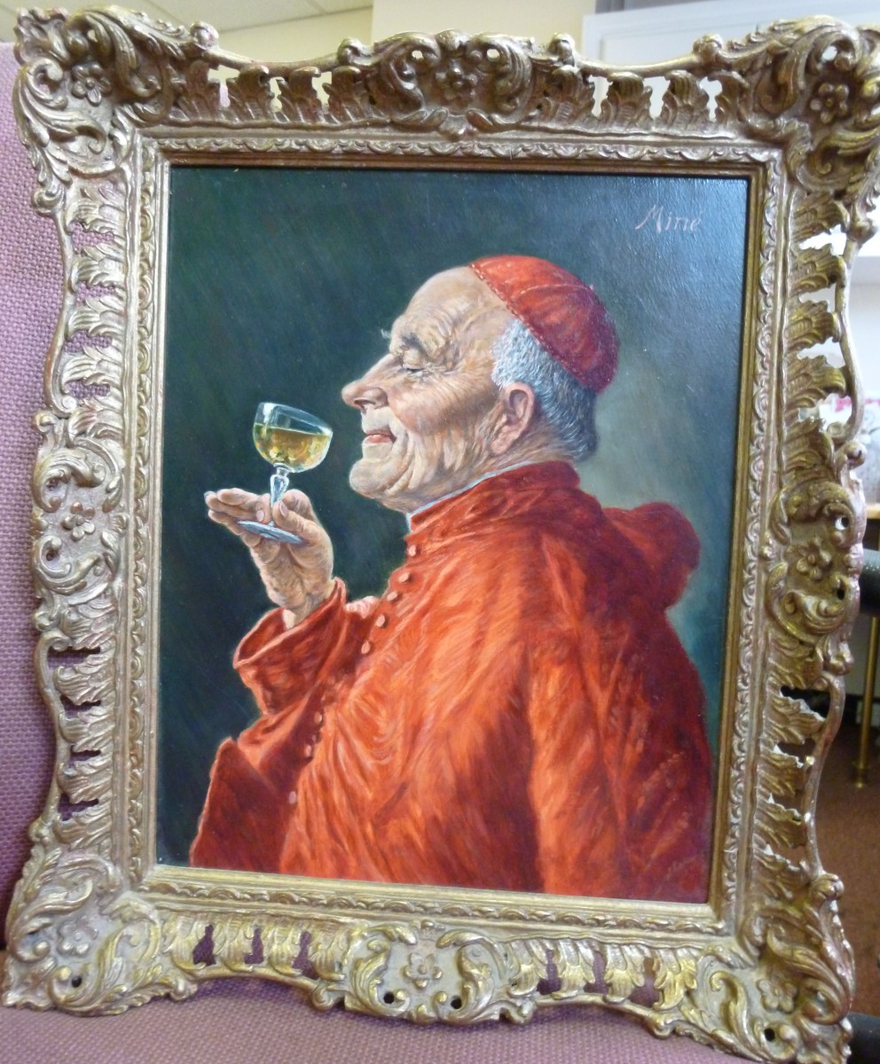 Mine-a half length portrait, a cardinal taking a glass of wine oil on board bears a signature 12"