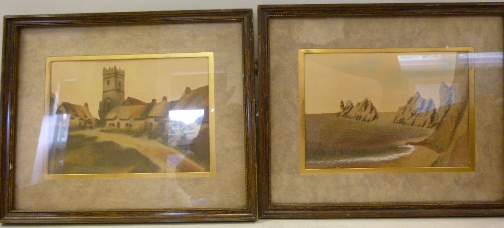 A pair of late 19th/early 20thC Alum Bay, Isle of Wight sand pictures `The Needles` and `Godshill`