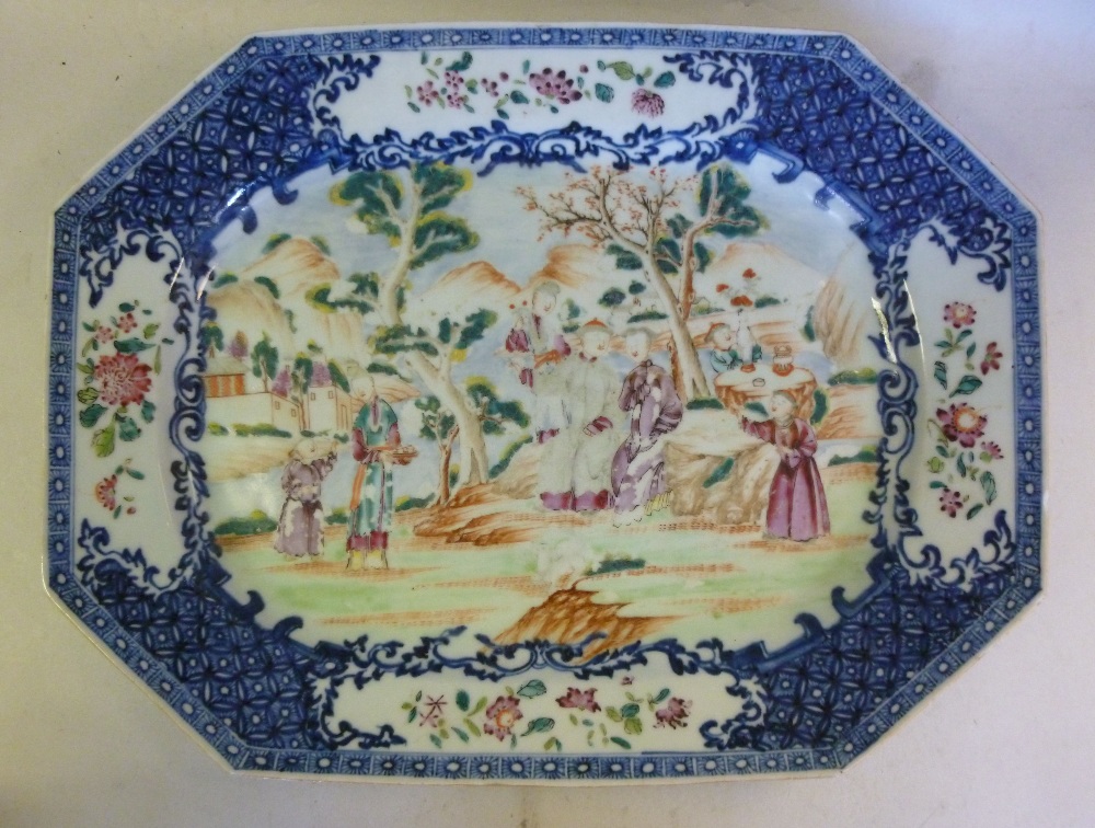 A late 18thC Chinese porcelain dish of elongated, octagonal form, decorated in colours with