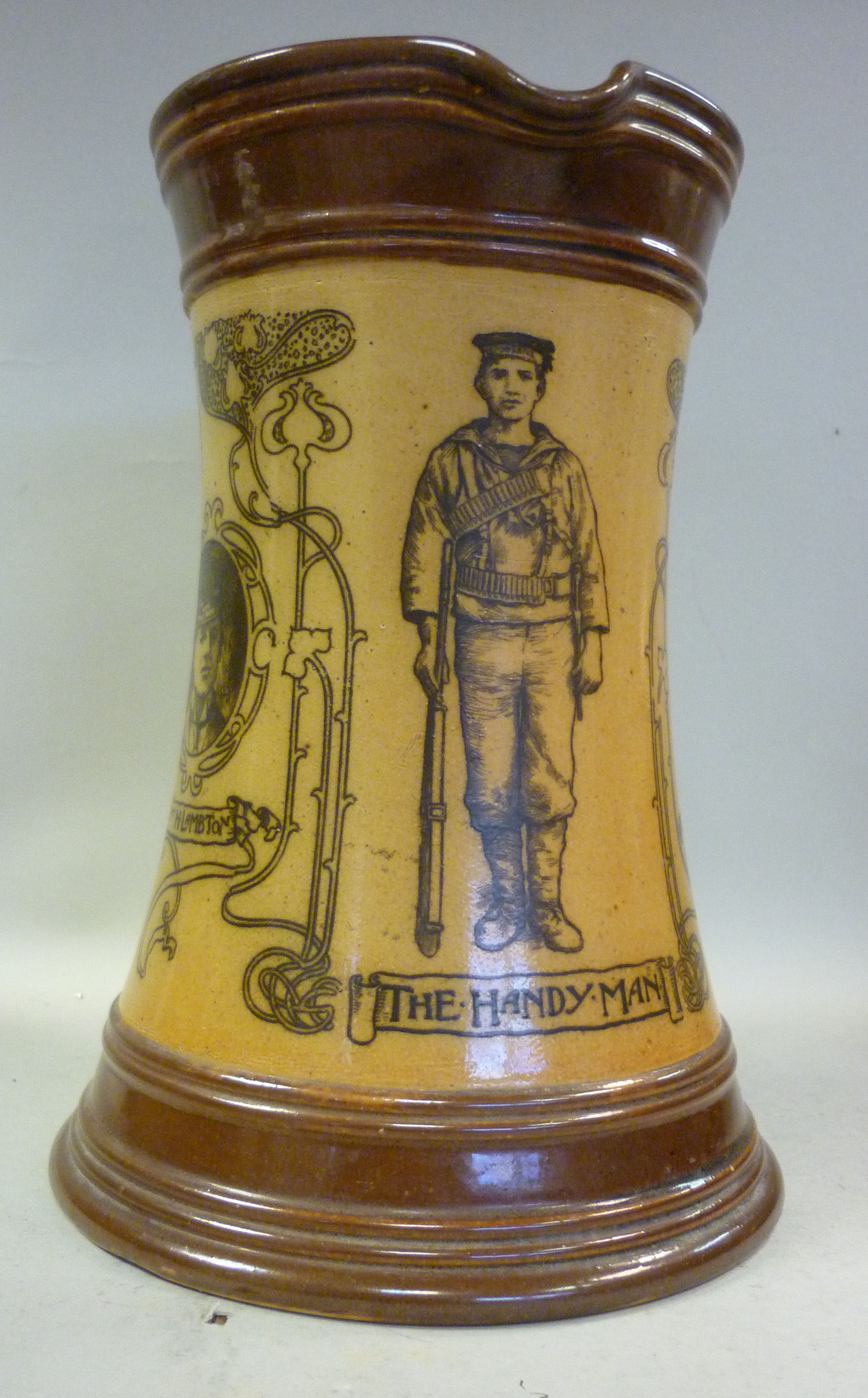 A Doulton Lambeth two tone brown glazed stoneware commemorative Boer War Naval Brigades jug of