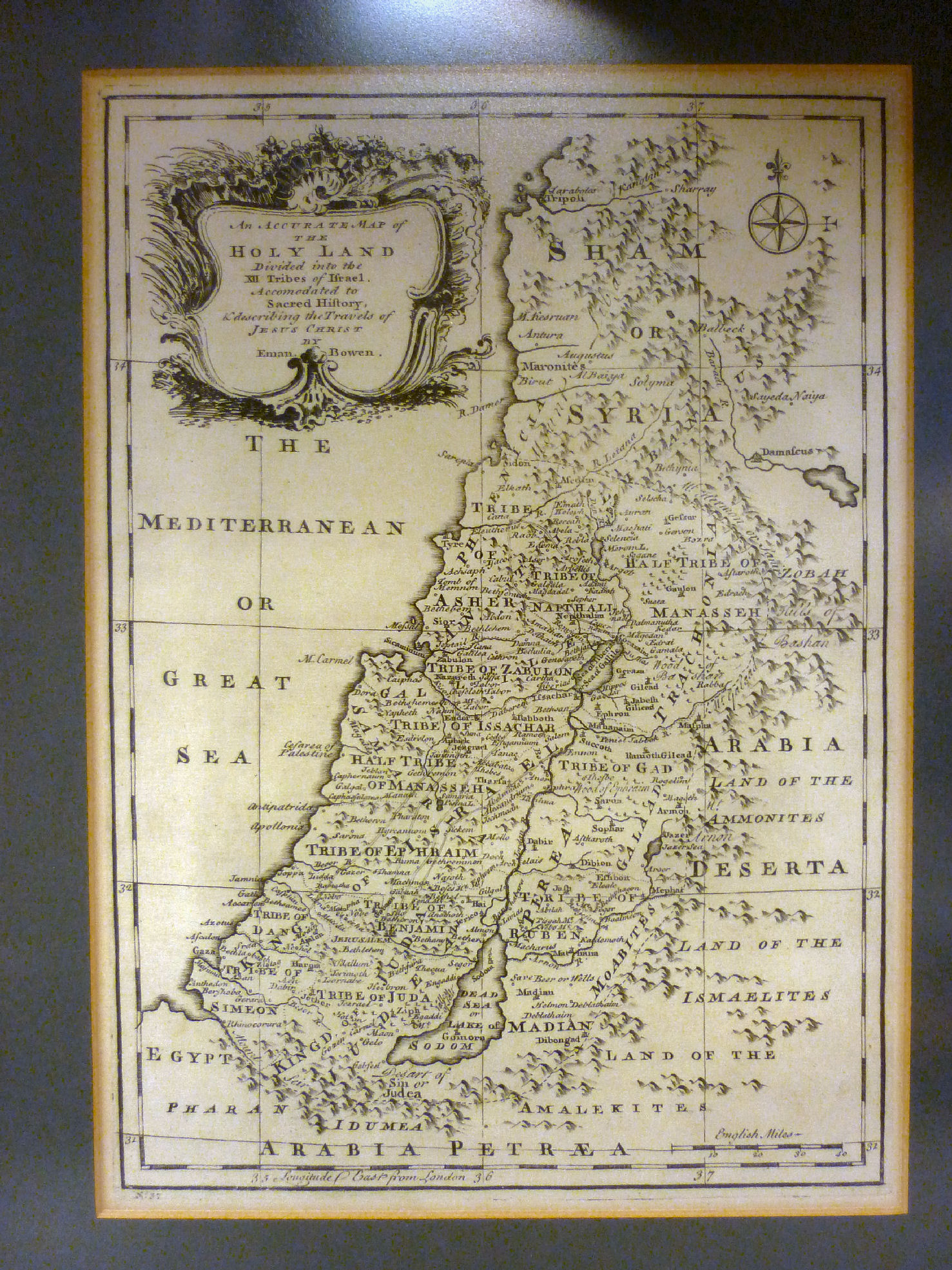 An early 18thC Erman Bowen uncoloured map `The Holy Land` divided into the tribes of Israel,