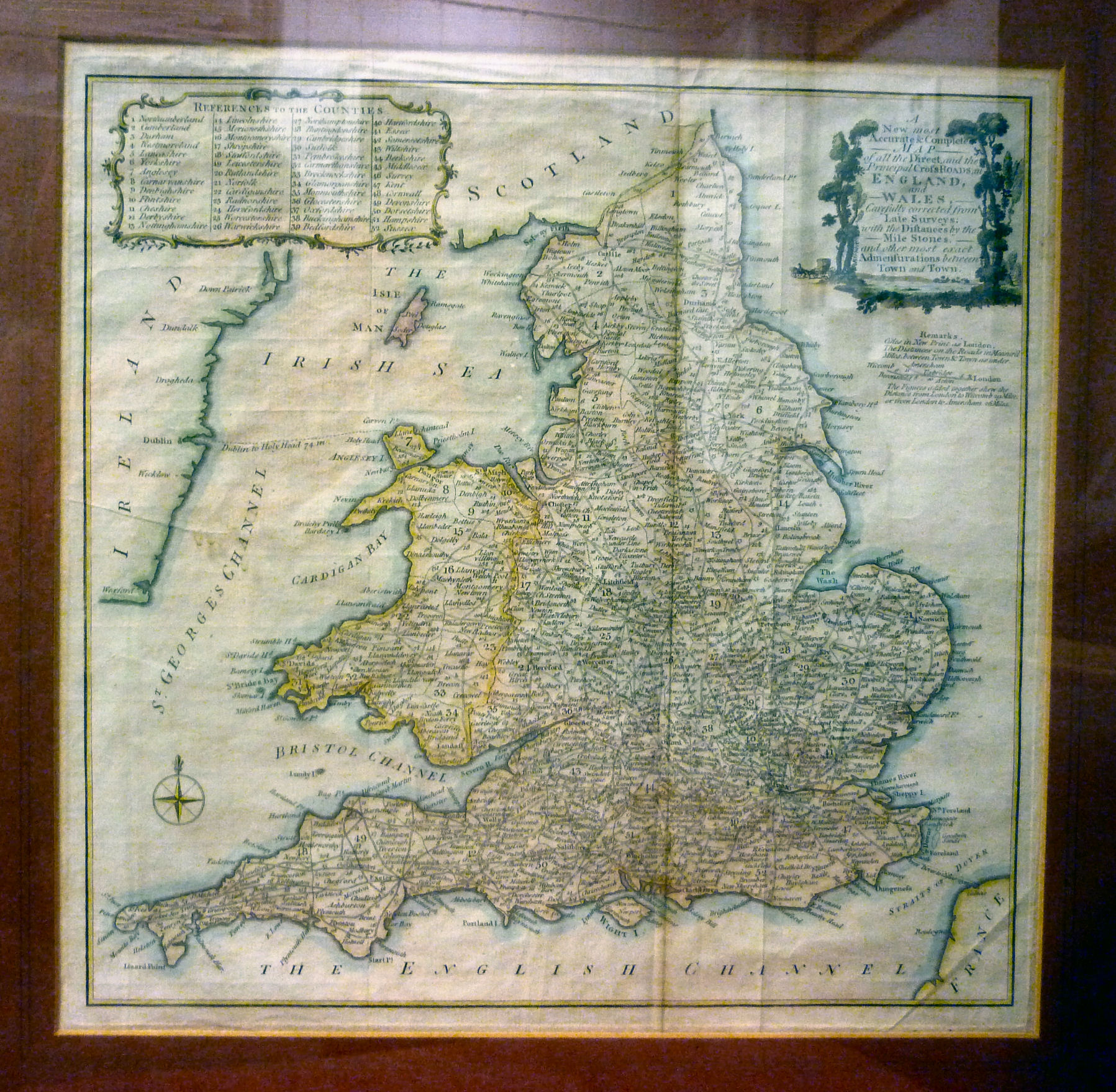 A late 18thC Thomas Kitchen coloured road map `England & Wales` incorporating a pictorial title