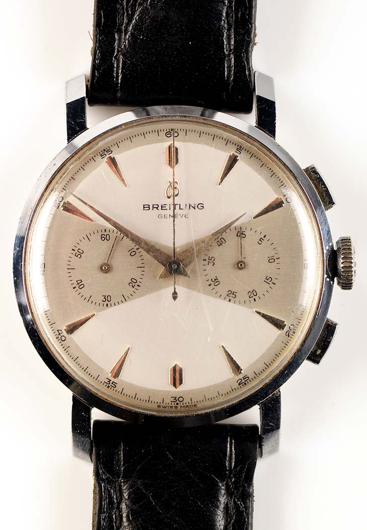 A steel cased Breitling gentleman's wristwatch, the silvered baton dial with subsidiary seconds