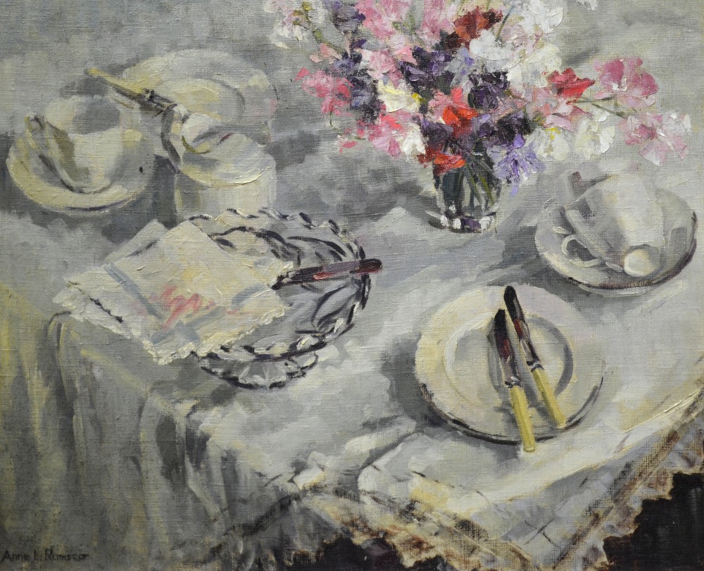 Anne Ramscar - Still life of tea table with vase of flowers, oil on board, signed lower left, 49 x