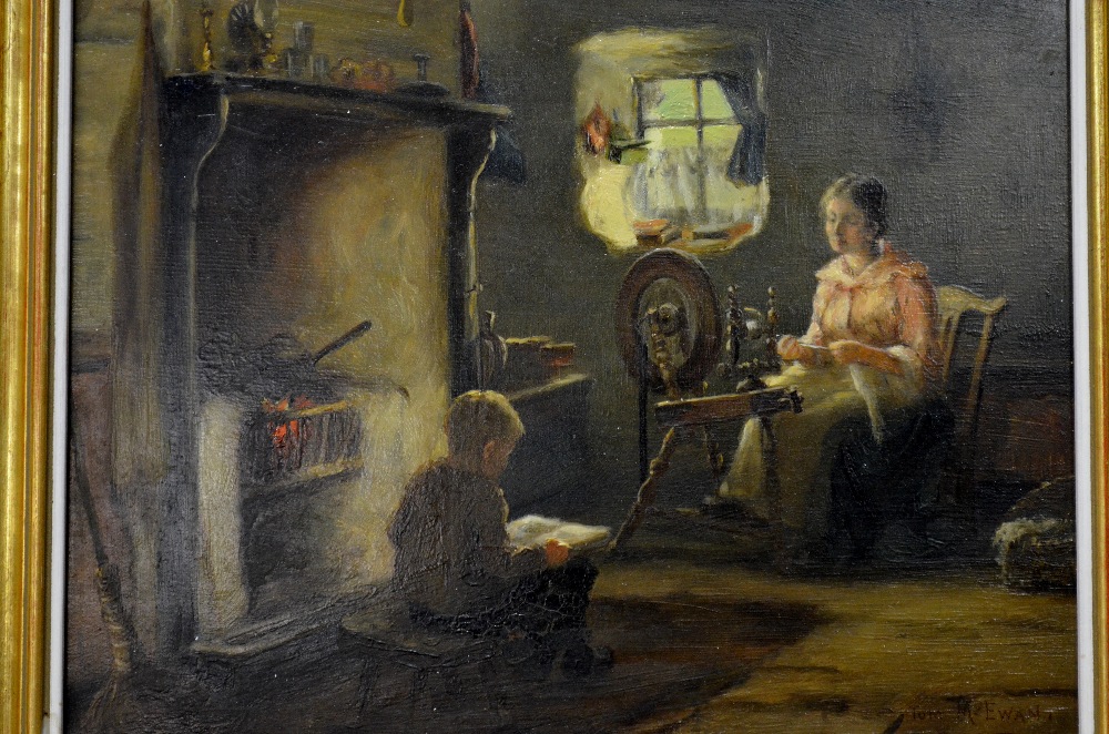 Tom McEwan (1846-1914) - Cottage interior genre scene with mother at spinning wheel and young boy