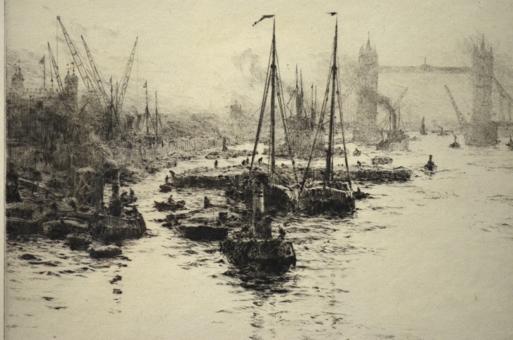 W.L. Wyllie (1851-1931) - River Thames with Tower Bridge in background, etching, pencil signed to