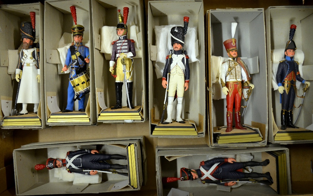 Eight hand painted solid lead models of Waterloo period soldiers in differing uniform, by George