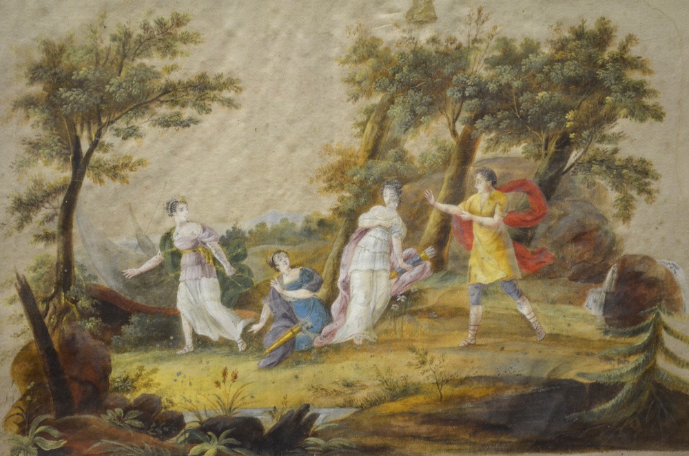 18th century French school - An allegorical scene, watercolour on silk, 27.5 x 40 cm