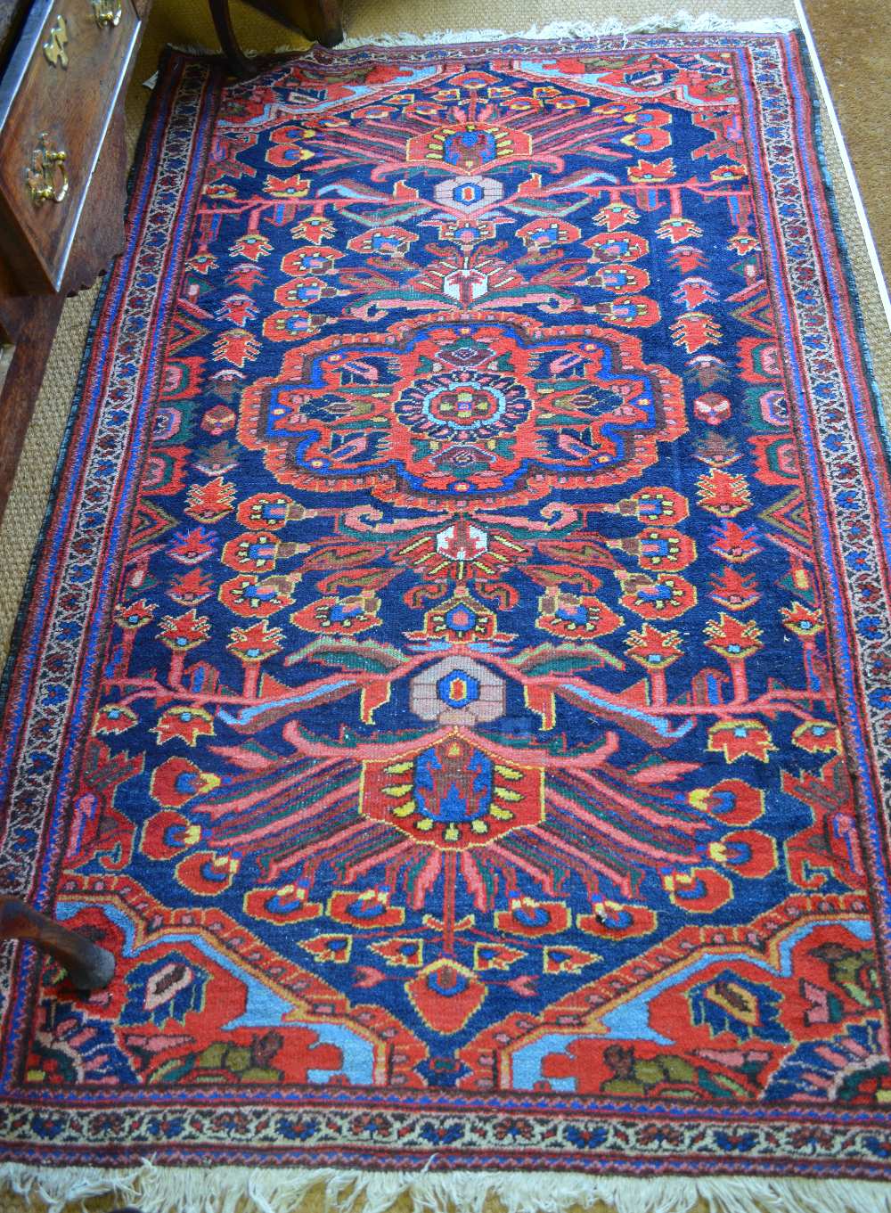 A Persian Mehal rug with Kazak style design on blue ground, circa 1940s, 270 cm x 130 cm wide