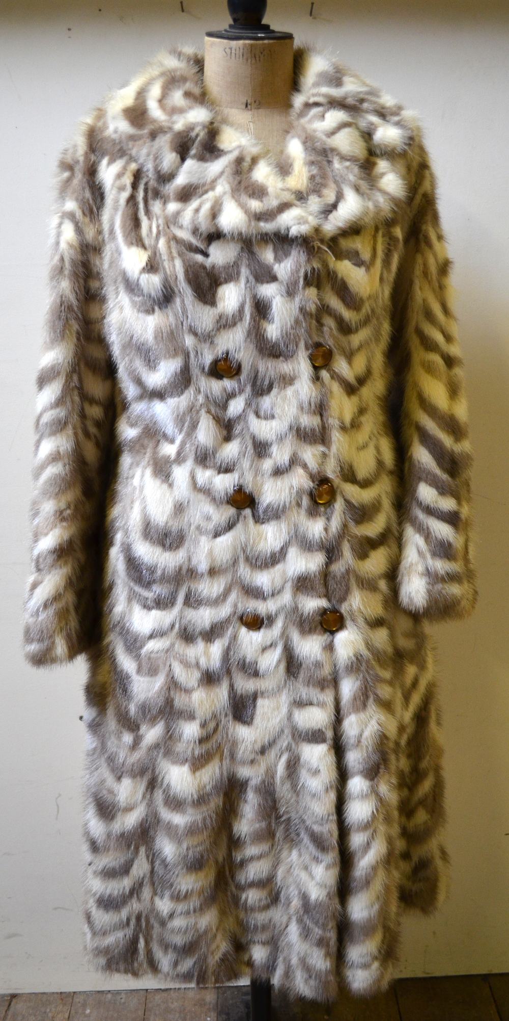 Tri-colour double-breasted full length lady's mink fur coat in white/mocha/taupe in a scalloped