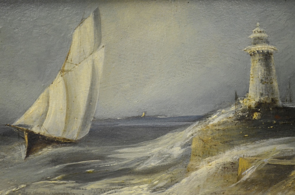 19th century English school - A stormy seascape with lighthouse, oil on board, 17 x 33 cm