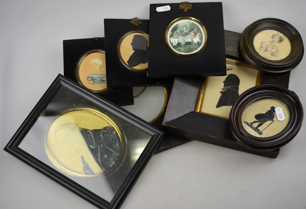 A mixed box of various portrait miniatures and frames including silhouettes