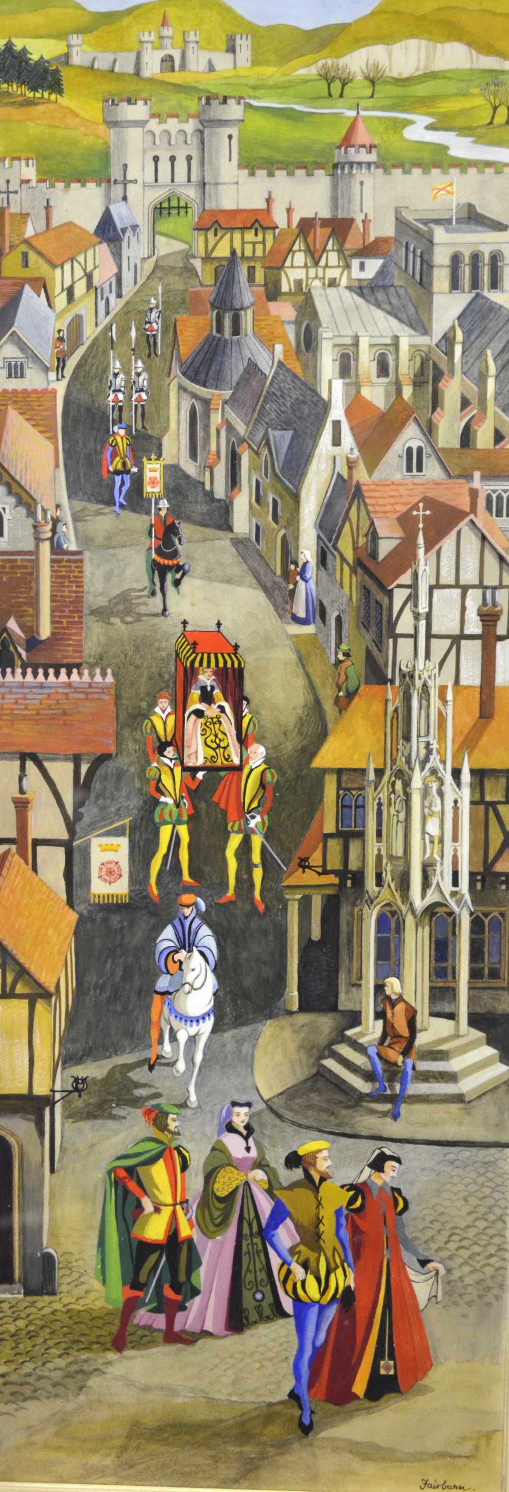 Fairburn- Street scene with Buttercross and procession of figures in medieval costume, gouache,