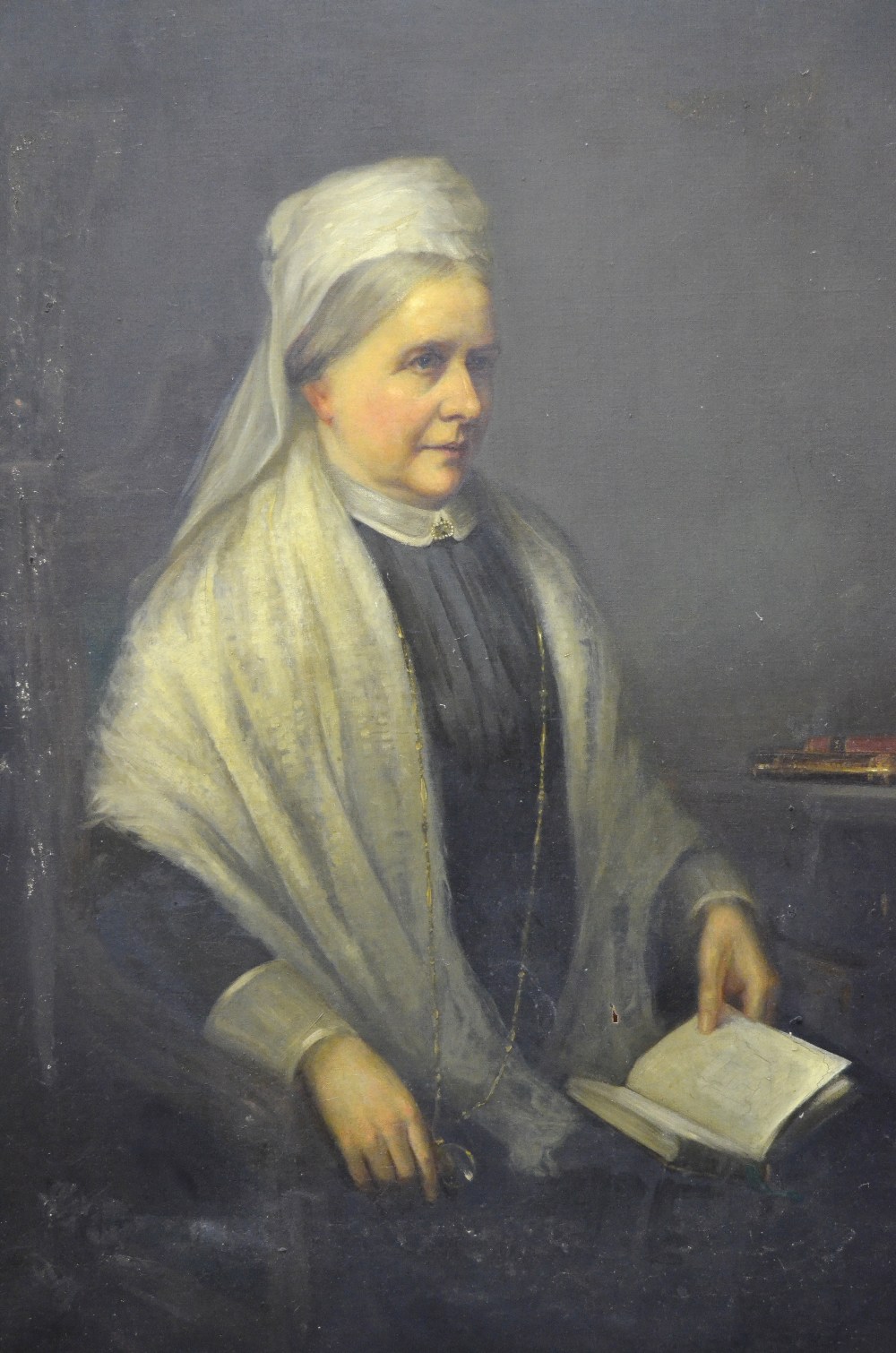 Victorian school - Portrait of a lady holding a book, oil on canvas, 117 x 86 cm Condition Report