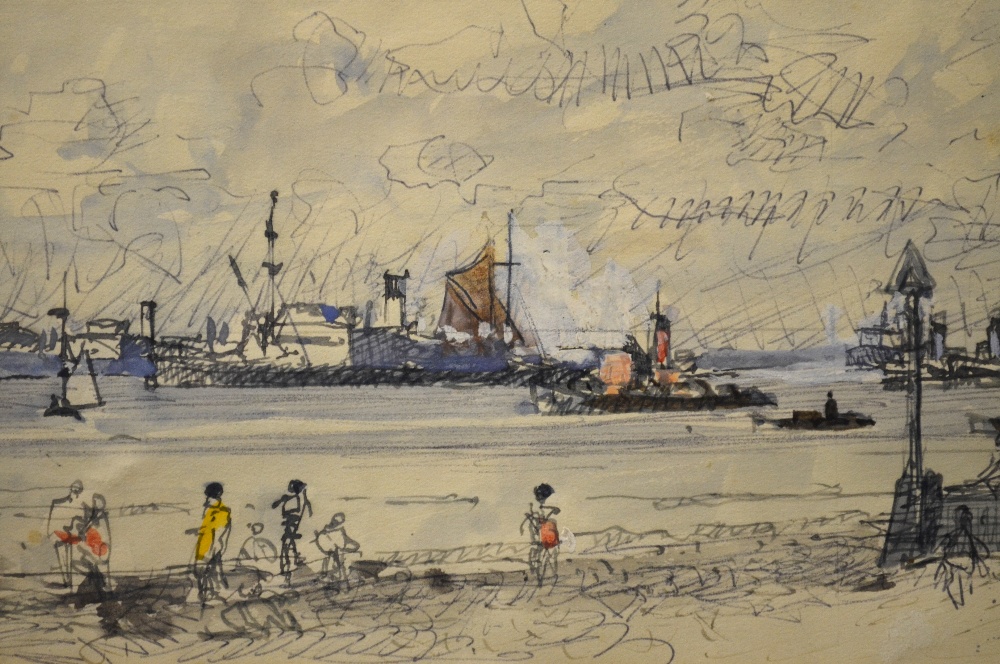 Norman Wilkinson (1878-1971) - River scene with ships and children, pen and ink with colouring and