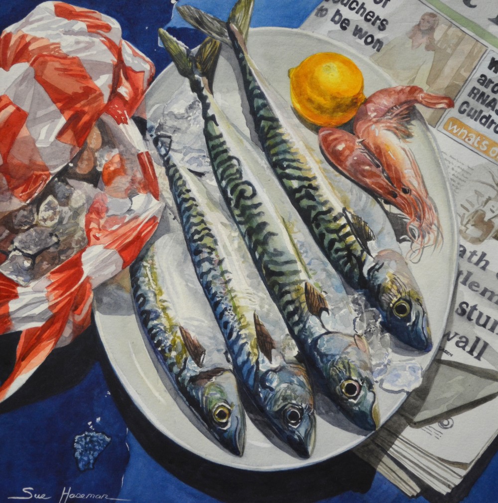 Sue Haseman - Still life study with mackerel on a plate, newspaper and carrier bag, signed,