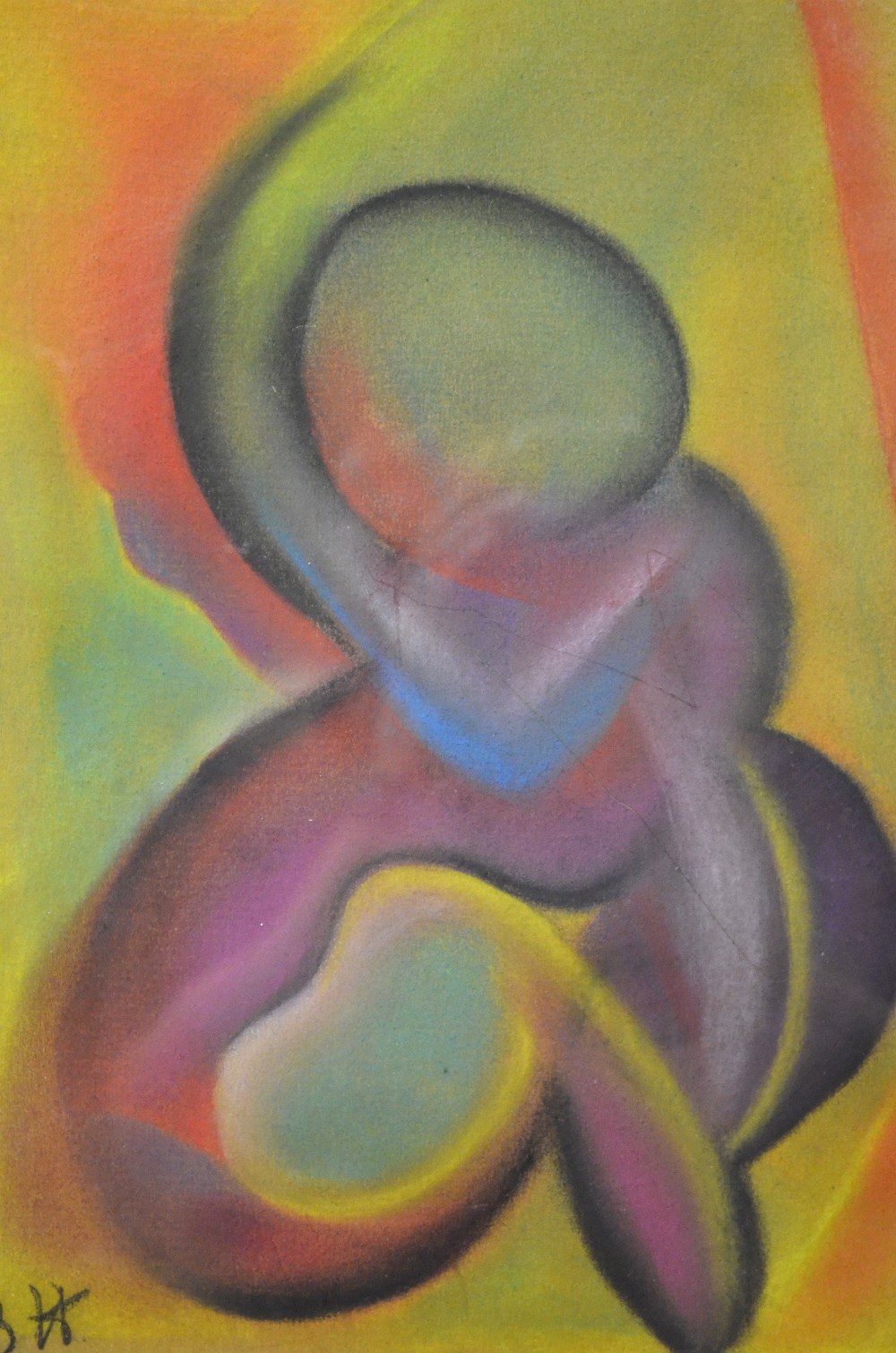 English school - Abstract seated figure, pastel, initialled BH, 36 x 26 cm, handwritten note to back