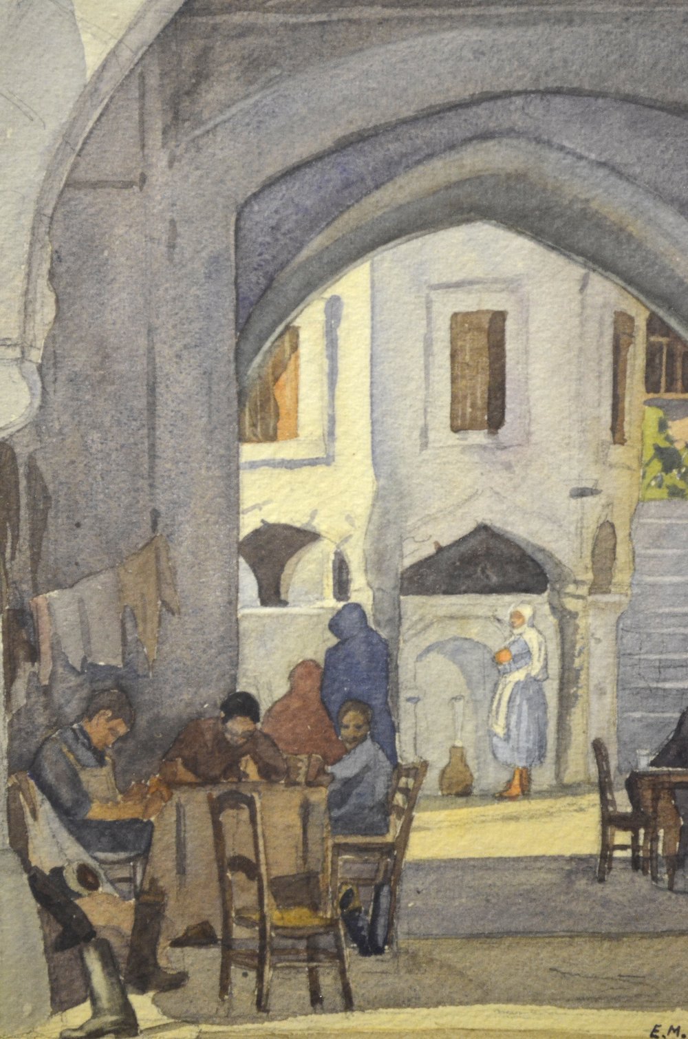 E.M.C.Trench - Continental street scene beneath the arches, signed, watercolour, 35 x 25 cm