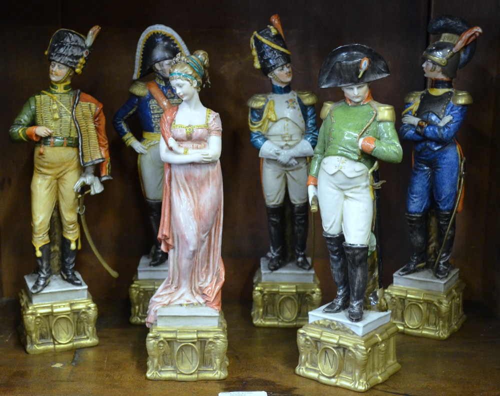 Six hand painted Naples porcelain figures in Napoleonic costume/uniform, 29 cm high (6) Condition