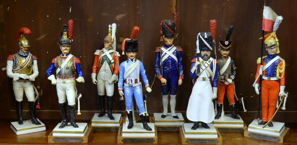 Eight Sitzendorf hand painted porcelain-soldiers in various Waterloo period uniforms, each with