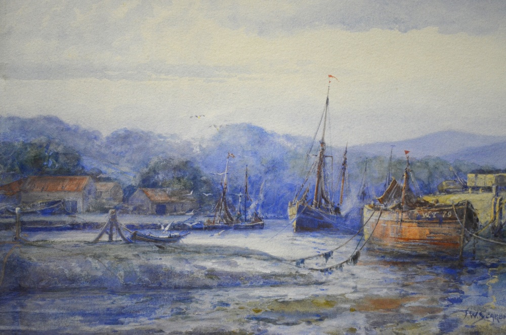 F.W. Scarbrough (1896-1939) - Fishing boats in the Upper Harbour at Whitby, watercolour, signed,