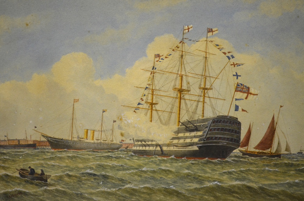 T. Robinson - Royal Yacht and HMS Victory, firing a salute in Portsmouth harbour, watercolour,