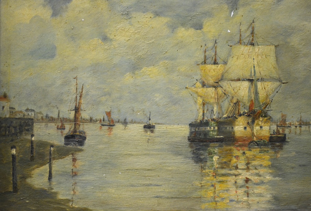 Early 20th century English school - Ships in Portsmouth harbour, oil on canvas, 29 x 37 cm Condition