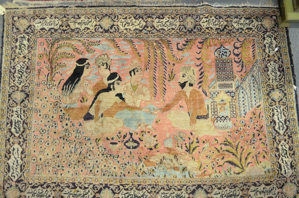 An old Persian silk on silk pictorial Omar Khyam, pink ground, 153 x 180 cm wide