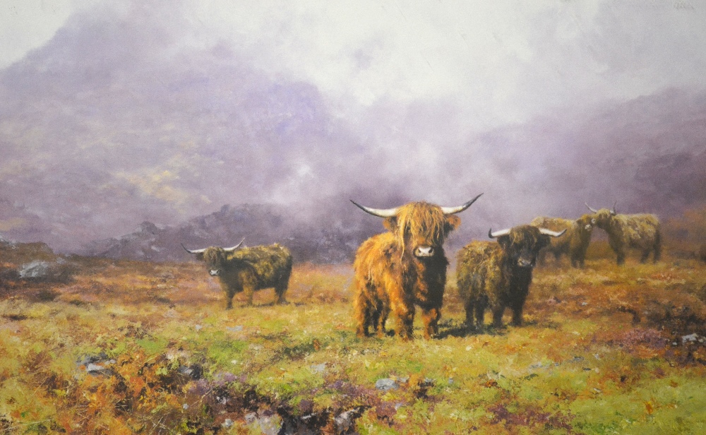 David Shepherd - 'Highland Cattle', limited edition print, 307/850, pencil signed to margin, 45 x 79