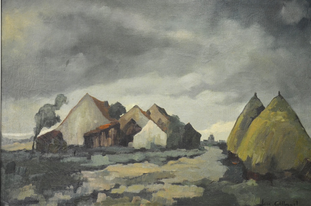 Continental school - Haystacks and farm buildings beneath dark skies, oil on canvas, indistinctly