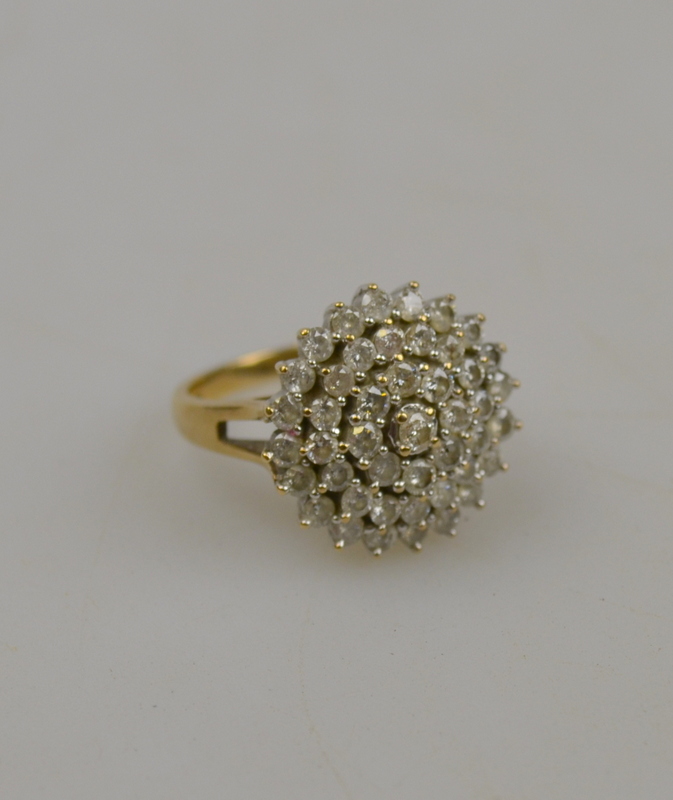 Diamond set ballerina style cluster ring 9ct yellow and white gold setting engraved inside shank