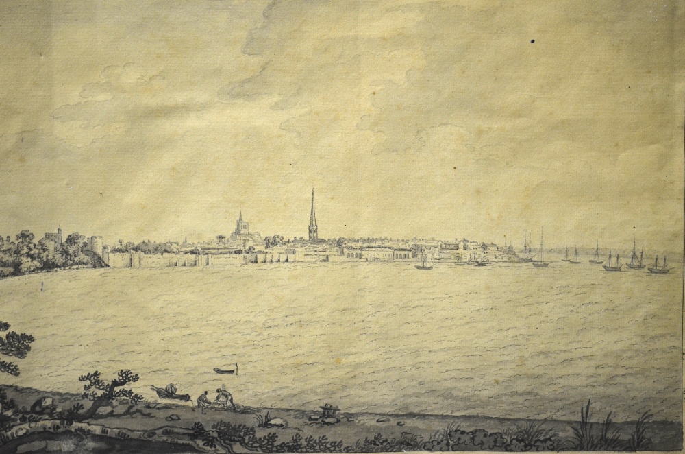 Hugh Primrose Deane - View of Southampton, ink and wash sketch, signed and inscribed in ink, 32 x 48