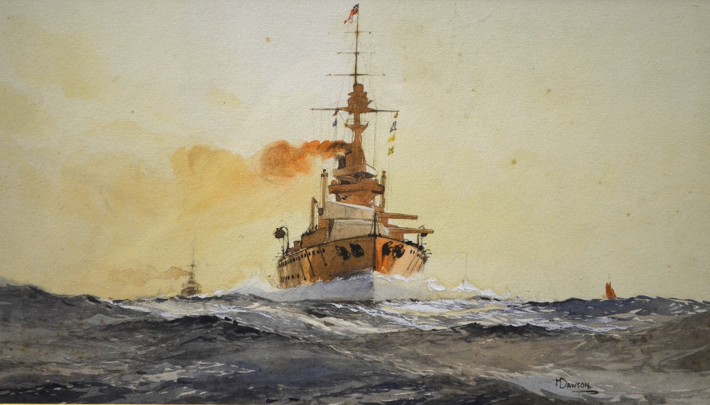 M. Dawson - HMS Queen Mary (?) battle cruiser with escort, watercolour, signed, 19 x 34 cm