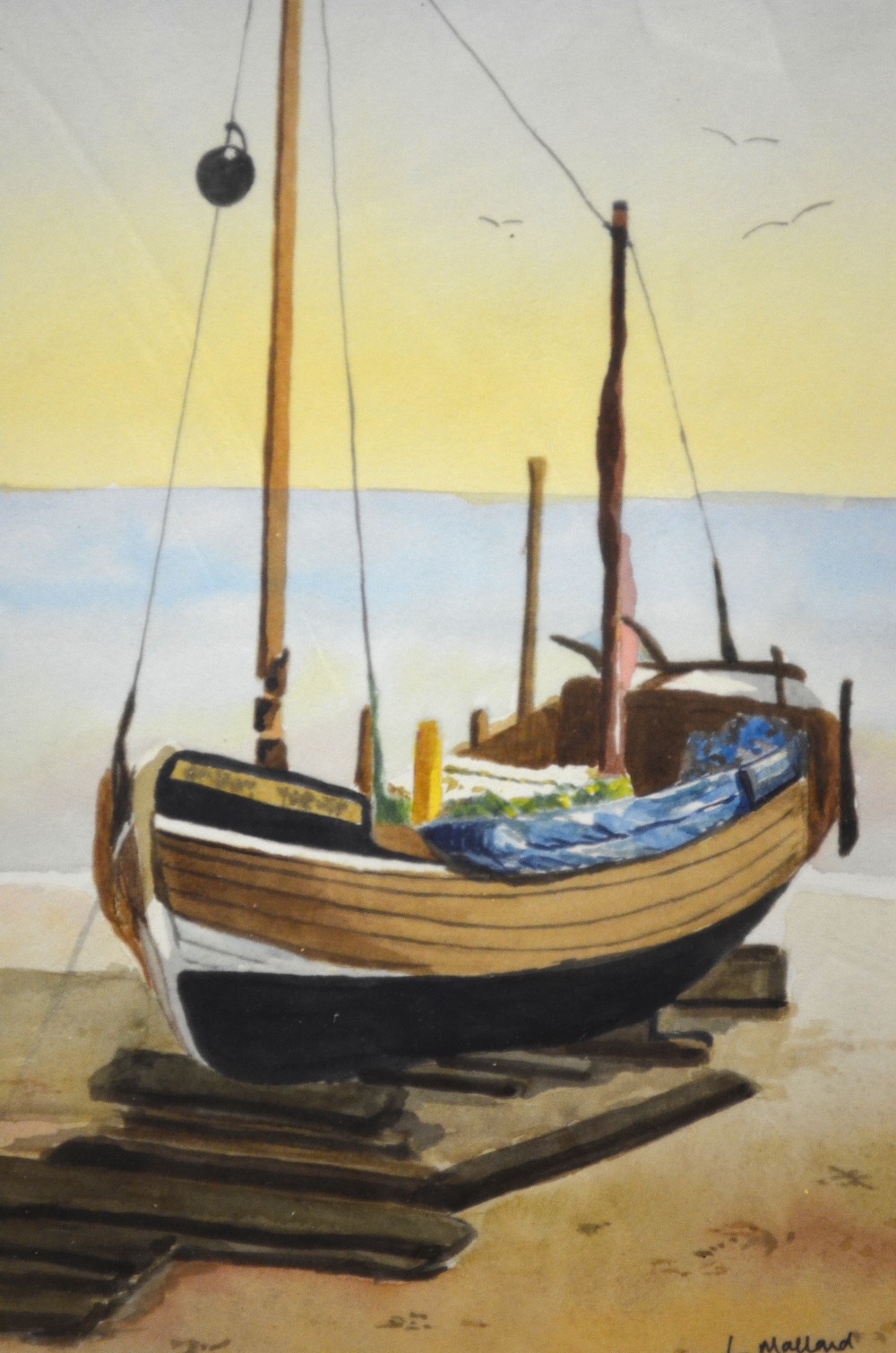 L. Mallard - Boat on beach, signed, watercolour, 30 x 20 cm