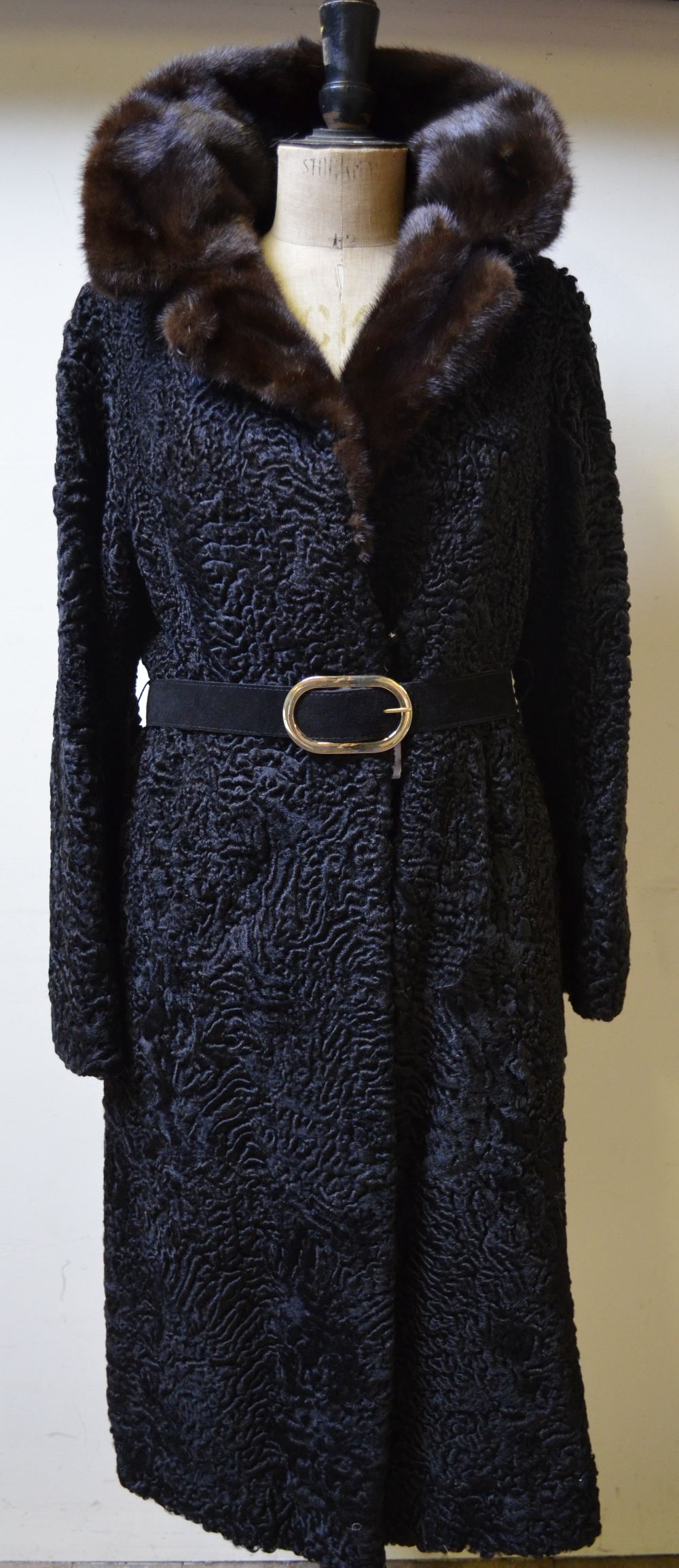 Black Persian lamb belted full-length coat with brown mink collar by 'Kay' Buchanan St., Glasgow