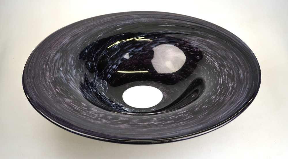 Anthony Stern - cased amethyst hand-made glass bowl with a white centre, c 1970, 39 cm dia.
