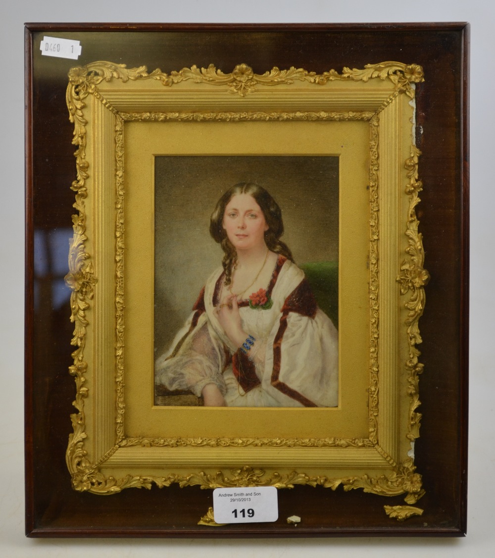 Continental school portrait miniature of a young lady in white dress, 15 x 11 cm Condition Report