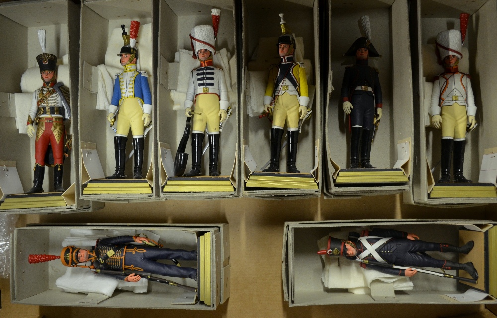 Eight hand painted solid lead soldies by Georges Fouillé each in differing Waterloo period