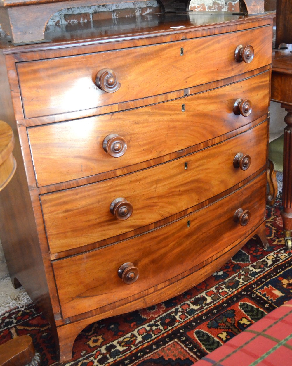 Victorian mahogany bowfront chest of four long graduated drawers, each with turned fruitwood pulls