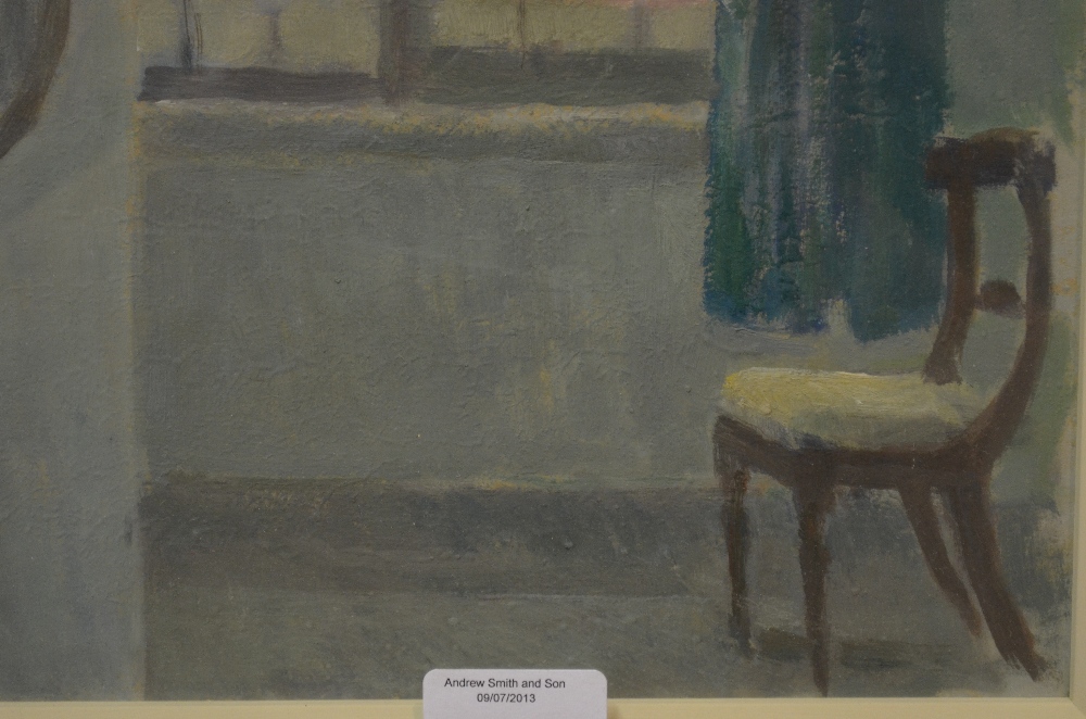 20th century Continental school - Interior scene with chair before a window, oil on board, 19 x 23