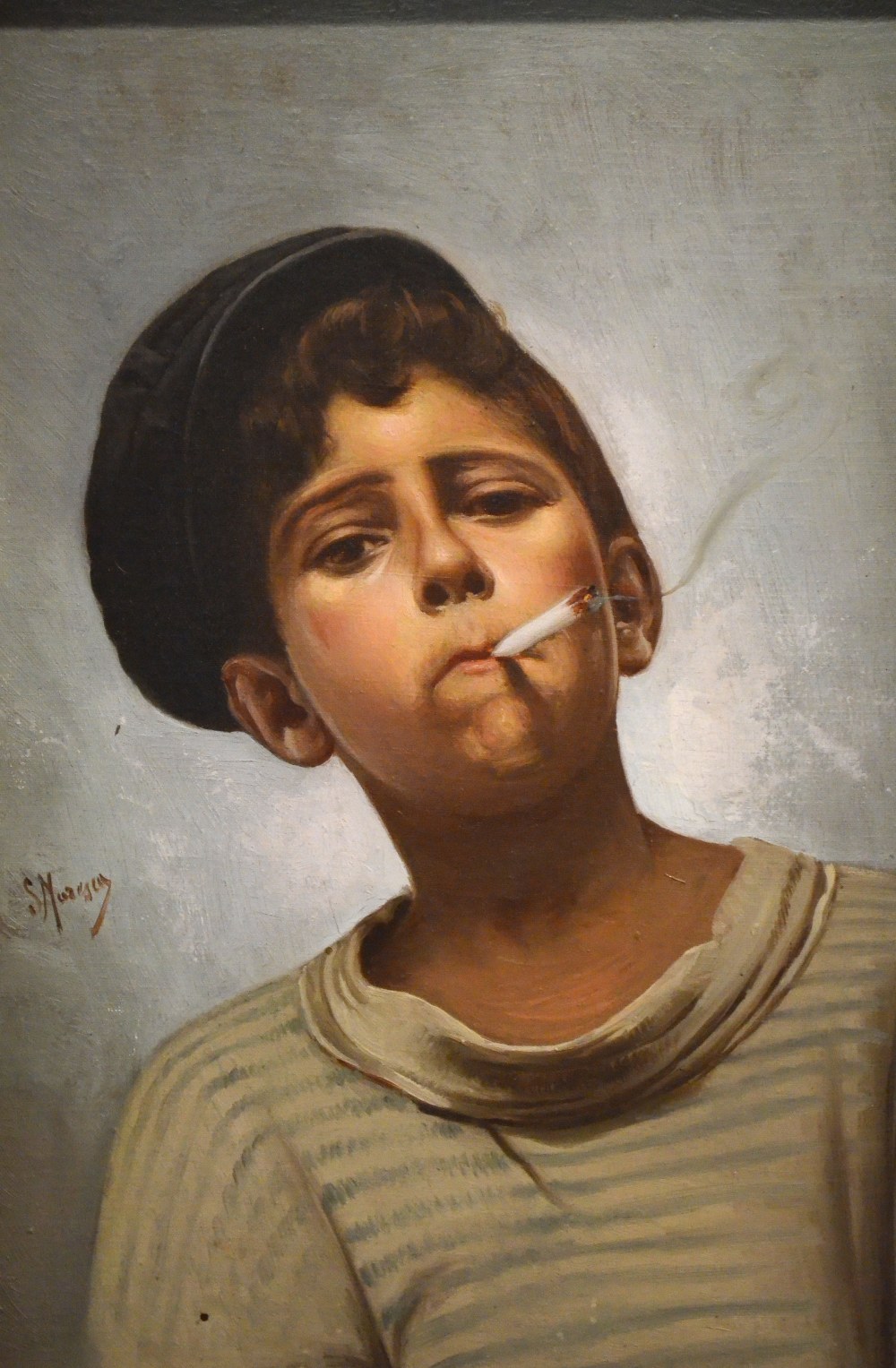 S. Moresey? - Young Italian boy smoking a cigarette, oil on canvas, signed, 36 x 24 cm