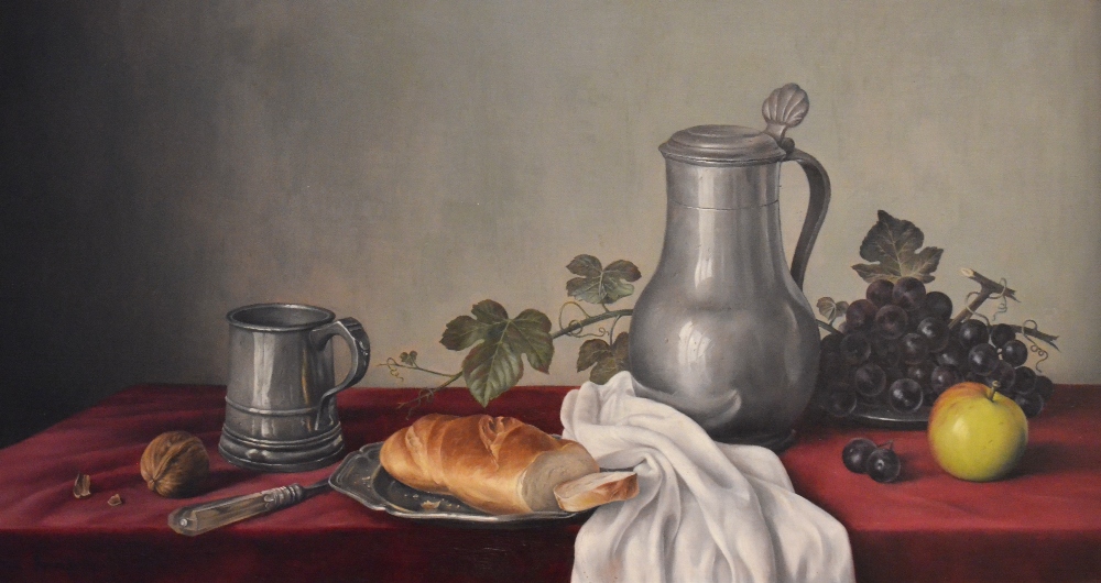 James Noble (1919-1989) - A still life study of pewter vessels, fruit, bread and walnut, oil on