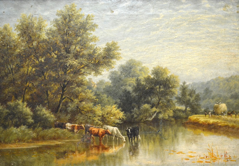 Victorian school - Cattle drinking at a river, oil on board, 36 x 51 cm